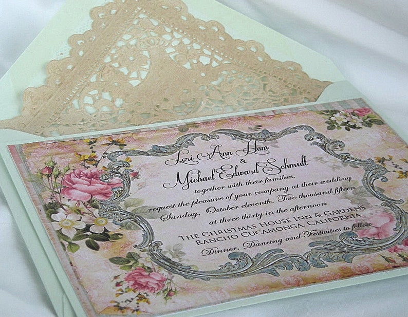 Wedding Invitation Mint Green Frame Vintage Blush Rose Wedding Invitation Linen Ivory Doily Paper Lace Envelope Shabby Chic Custom Any Color