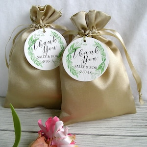 Personalized Favor Bags Gold Wedding Favor Bags Custom Favor Bags Satin Thank You Favor Bags Bridal Favor Bags Rustic Leafy Green Favor Bags