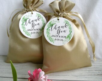 Personalized Favor Bags Gold Wedding Favor Bags Custom Favor Bags Satin Thank You Favor Bags Bridal Favor Bags Rustic Leafy Custom Favor Bag