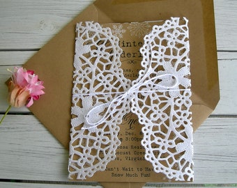 Lace Wedding Invitation Doily Lace Wedding Invitation Wrap French Lace Rustic Kraft Lace Doily Wrap White Lace Invitation Wrap and Envelope