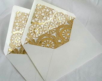Wedding Invitation Envelope Gold Foil Lace Lined Envelope Lace Wedding Invitations Custom Wedding Envelope Ivory A7 Birthday Shower Envelope