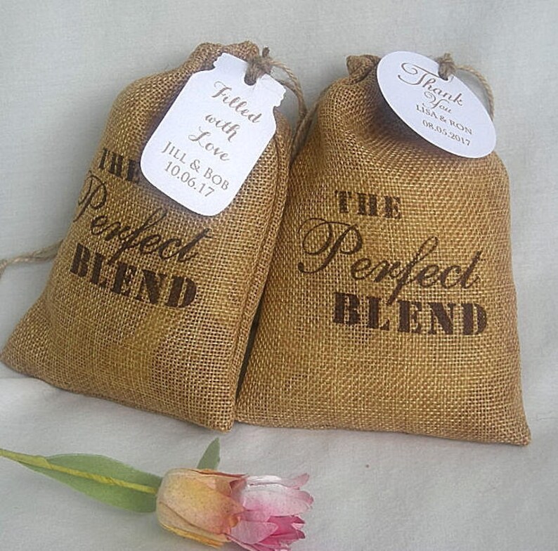 Thank You Favor Bags Custom Favor Burlap Bags Coffee Favors The Perfect Blend Personalized Favor Bags w Custom Tags Rustic Favor Bags