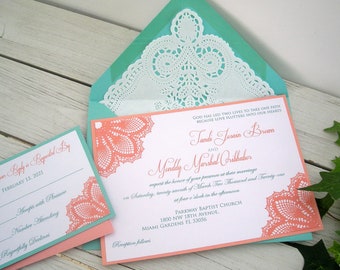 Coral Peach n Turquoise Blue Aqua Teal Blue Lace Wedding Invitation Doily Lace Envelope Lace Wedding Invitation Invitation Custom Any Color