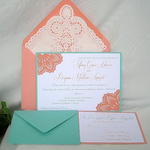 Coral Wedding Invitations Turquoise Wedding Invitations Doily Lace Wedding Invitation Custom Printed Wedding Invitation Birthday Invitations