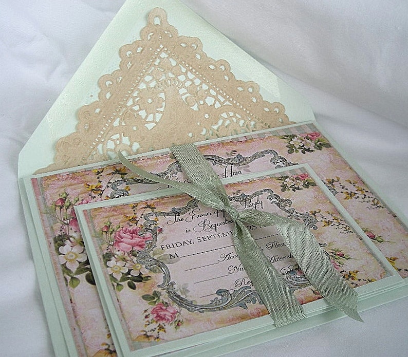 Wedding Invitation Mint Green Frame Vintage Blush Rose Wedding Invitation Linen Ivory Doily Paper Lace Envelope Shabby Chic Custom Any Color