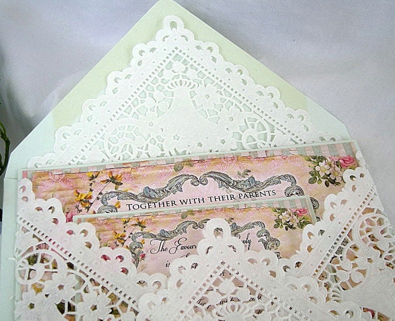 Mint Green Wedding Invitation Vintage Wedding Invitation Paper Lace Envelope Shabby Chic Wedding Invitation Rustic Lace Wedding Invitations image 3