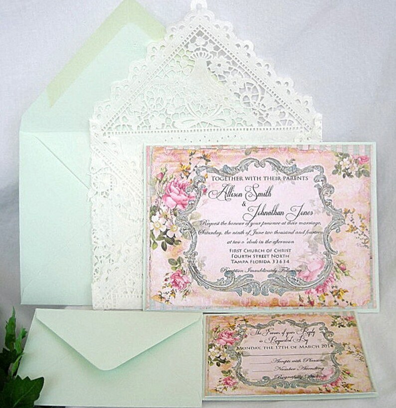 Mint Green Wedding Invitation Vintage Wedding Invitation Paper Lace Envelope Shabby Chic Wedding Invitation Rustic Lace Wedding Invitations image 2