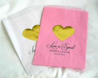 Wedding Favor Bag Favors Bags Gold or Silver Foil Hearts n White Pink Personalized Custom Color Cookie Candy Love is Sweet Favor Bags