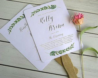 Wedding Program Fans Greenery Leaves Rustic Botanical Wreath Woodlands Green Tuscany Rustic Wedding Fan Printed Assembled Custom Wedding Fan