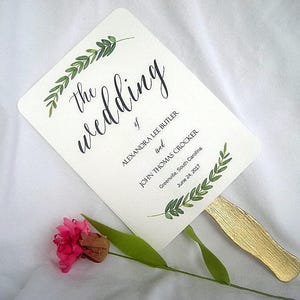 Rustic Wedding Fans Wedding Program Fan Greenery Wedding Fans Personalized Wedding Fans Custom Wedding Fan Gold Sticks Printed Assembled Fan