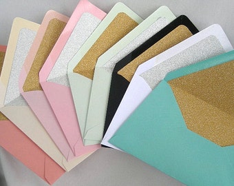 Glitter Lined Envelopes Wedding Invitation Turquoise Pink Ivory Peach Coral Mint Black Size Custom Wedding Envelopes Gold Silver Glitter