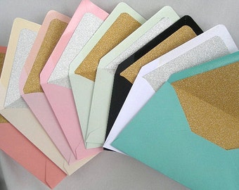 Glitter Lined Envelopes Wedding Invitation Envelopes Gold Silver Glitter Mint Green Blush Pink Blue Coral Peach Custom Wedding Invitations