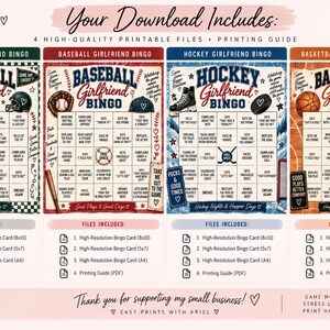 May include: Four printable bingo cards for football, baseball, hockey, and basketball fans. Each card features sport-specific graphics, a grid of game-day scenarios, and text including 'Your Download Includes' and 'Easy Prints with Ariel'.
