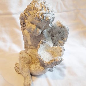 Handmade Weathered Cement Cherub Statue | Shell Bowl Bird Feeder, Candle Holder (Cottagecore)