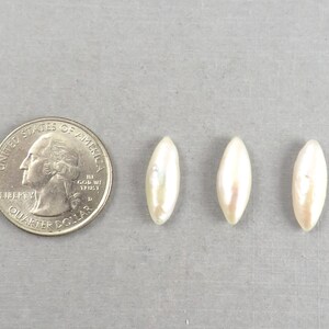May include: Three lustrous, elongated, off-white pearls are displayed next to a U.S. quarter coin. The pearls have a subtle iridescent sheen. The quarter provides a size reference for the pearls, which are approximately 0.75 inches in length.