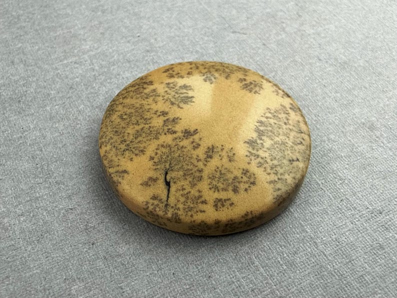 May include: A round, tan-colored stone with a unique pattern of dark brown, tree-like markings. The stone has a smooth surface and a crack running down the center. The stone is set against a gray background.