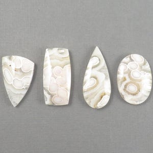 May include: Four polished gemstones in various shapes: a shield, a rectangle, a teardrop, and an oval. The stones feature a swirling pattern of white and beige, with a polished, glossy finish. The background is a solid gray.