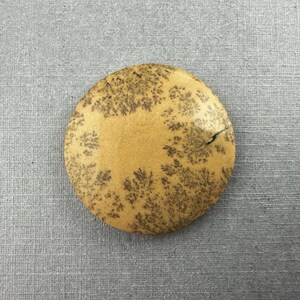 May include: A round, tan-colored stone with a unique pattern of dark brown, tree-like inclusions. The stone has a natural, organic appearance and a small crack on the surface. The stone is set against a gray background.