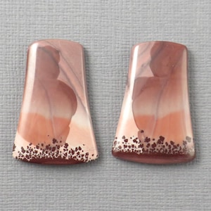 Pode incluir: Duas pedras preciosas retangulares polidas com formato trapezoidal. As pedras apresentam uma mistura de cores, incluindo tons de castanho, pêssego e branco, com um padrão castanho escuro salpicado na base. As pedras estão sobre um fundo cinza claro.