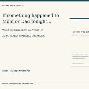 May include: An ageing parent readiness organiser digital download titled Before You Need It. The document includes text stating If something happened to Mum or Dad tonight, Would you know where everything is? It is an Excel and 21-page fillable PDF.