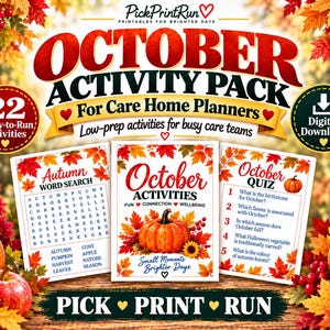 Może przedstawiać: Pakiet zajęć na październik dla planistów domów opieki zawierający trzy arkusze do druku z motywami jesiennymi. Tekst zawiera October Activity Pack, Autumn Word Search, October Activities i October Quiz, ozdobiony pomarańczowymi dyniami i czerwonymi liśćmi klonu.