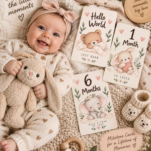 Può includere: Un set di carte traguardo per neonati con illustrazioni di un orso, un coniglio e un elefante. Le carte includono testi come Hello World, 1 Month e 6 Months, insieme a cuori e fogliame decorativo per documentare la crescita del bambino.