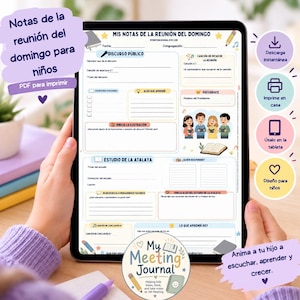 Könnte beinhalten: Ein digitales Tablet mit einem druckbaren Versammlungsjournal für Kinder auf Spanisch, betitelt MIS NOTAS DE LA REUNIÓN DEL DOMINGO. Die Seite enthält Abschnitte für Vortragsnotizen, Liedtitel, Rednernamen sowie Platz für Zeichnungen und Studiennotizen.