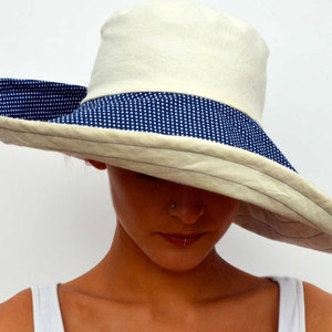 Wide brimmed summer hat, sun hat, XL hat, XXL hat, reversible hat, foldable sunhat, travel hat, cream hat, navy blue polka, cotton hat