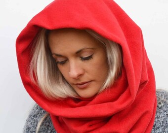 Red fleece cowl scarf, chunky scarves, hooded scarf, cowl scarf, snood scarf, fleece scarf, infinity scarf,girlfriend gift, elven scarf