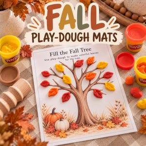 May include: A white rectangular play-dough mat featuring a tree illustration with the text 'Fill the Fall Tree' and 'Use play-dough to make colourful leaves for the tree.' The mat is surrounded by yellow and orange play-dough containers and wooden tools.