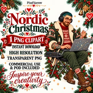 Clipart natalizia per programmatori nomadi digitali, arte popolare nordica PNG (uso commerciale)