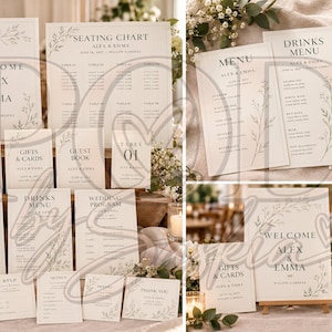 Könnte beinhalten: Ein Set aus cremefarbenen Hochzeitspapeterie-Artikeln mit schwarzer Serifenschrift und zarten botanischen Linienzeichnungen. Das Set enthält Willkommensschilder, Sitzpläne, Menükarten, Getränkekarten, Programmhefte, Gästebuchschilder und RSVP-Karten für Alex und Emma.