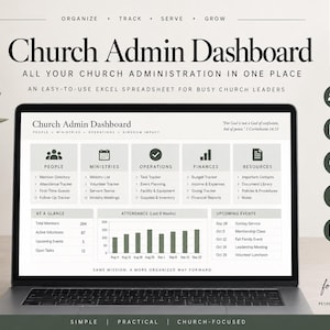 May include: A laptop screen displaying a Church Admin Dashboard Excel spreadsheet template. The interface features sections for people, ministries, operations, finances, and resources, with charts for attendance and lists for upcoming events.