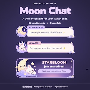 May include: A digital graphic set titled Moon Chat by Uwuholic featuring purple chat box overlays for streaming. Includes icons of a crescent moon and a white rabbit on clouds, with text examples like Moonmochi, Lunabun, and Starbloom just subscribed.