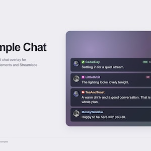Puede incluir: Una interfaz de superposición de chat digital titulada Simple Chat para StreamElements y Streamlabs. La pantalla muestra cuatro burbujas de mensaje gris oscuro con avatares, nombres de usuario y textos como Settling in for a quiet stream.