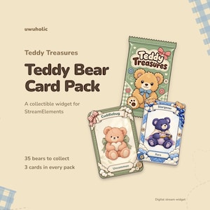 May include: A digital Teddy Treasures card pack widget featuring a green wrapper with a teddy bear illustration, alongside two collectible cards labeled Cuddlebug and Stargazer. Text includes Teddy Treasures, Teddy Bear Card Pack, and 35 bears to collect.