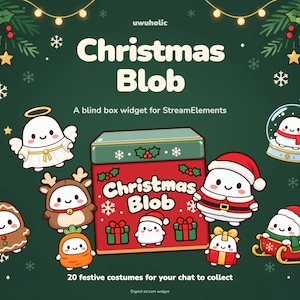 Può includere: Un widget di streaming digitale intitolato Christmas Blob che presenta una scatola rossa con il testo Christmas Blob e 20 costumi festivi da collezionare. La grafica mostra personaggi blob bianchi vestiti da angelo, renna, Babbo Natale e su una slitta.