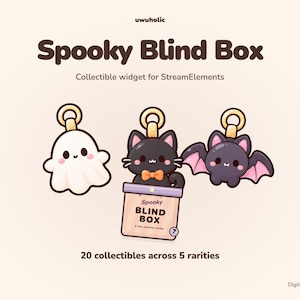 Może przedstawiać: Grafika cyfrowa z tekstem Spooky Blind Box oraz Collectible widget for StreamElements. Przedstawia trzy rysunkowe zawieszki: białego ducha, czarnego kota z pomarańczową muszką w pudełku oraz fioletowego nietoperza z różowymi skrzydłami.