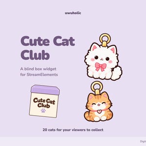 Op de afbeelding: Een digitale afbeelding met de tekst Cute Cat Club, een blind box widget voor StreamElements en 20 katten om te verzamelen. Het toont een vierkante doos met een paars deksel en twee katvormige bedels met gouden ringetjes en strikjes.