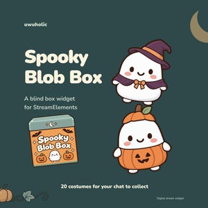 Puede incluir: Un widget digital Spooky Blob Box para StreamElements sobre un fondo verde azulado oscuro. El gráfico muestra una caja con el texto Spooky Blob Box, dos personajes blob blancos con disfraces, una luna creciente y calabazas naranjas.