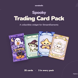 Könnte beinhalten: Ein digitales Spooky Trading Card Pack Widget für StreamElements mit einer lila Verpackung, einem Geist und einer Katze sowie drei Karten: eine Katze mit Hexenhut, ein Sterncharakter und ein geflügeltes Himmelswesen, mit Text 35 cards 3 in every pack.