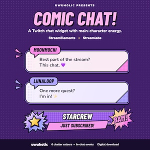 May include: A digital graphic set titled COMIC CHAT! featuring purple chat widgets with pink and blue accents. The design includes speech bubbles for users MOONMOCHI and LUNALOOP, plus a STARCREW notification bar with a yellow star and BAM text.