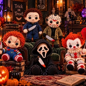 May include: A collection of five crocheted horror character dolls featuring a doll with red hair in blue overalls, a doll in a blue jumpsuit with a knife, a doll with a hockey mask, a hooded figure with a mask, and a clown holding a red balloon.