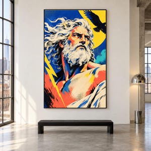 Peut inclure: Une impression d'art mural rectangulaire représentant le portrait stylisé d'un homme barbu aux cheveux blancs flottants. La composition comprend un soleil jaune vif, un aigle noir en vol et un éclair jaune dentelé sur fond bleu.