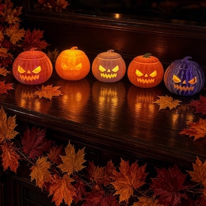 May include: Five small, round, glowing jack-o'-lanterns arranged in a row. Four pumpkins emit a warm orange light, while the fifth on the far right is purple with a blue tint. Each features carved, jagged eyes and a toothy, menacing grin.