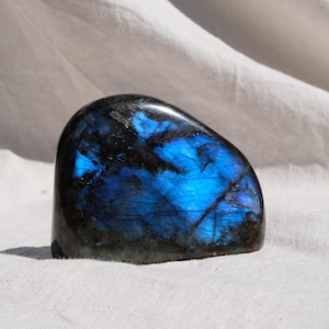 May include: A polished labradorite stone featuring a dark grey base with prominent, vibrant blue iridescent flashes across its surface. The mineral has a smooth, rounded shape with visible internal fractures and deep, dark veining throughout.