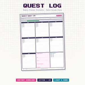 Quest Log Weekly Planner Printable RPG To Do List | Gamer Planner Digital Download | Gamified ADHD Planner | Boss Battle Tracker