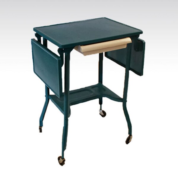 Vintage metal typewriter table. handpainted turquoise with drawer.