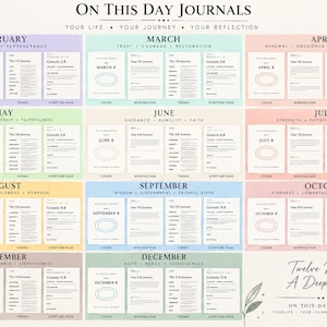Op de afbeelding: Een twaalfmaandelijkse planner getiteld On This Day Journals, met maandelijkse secties van februari tot december. Elke maand toont een kleurgecodeerde lay-out met pagina's voor omslag, introductie, thema's en schriftteksten, inclusief de tekst Twelve Months A Deeper You.