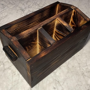 Handcrafted Shou Sugi Ban Pine Caddy | Rustic Utensil Holder & Desk Organizer (10"x6.5"x5.5")